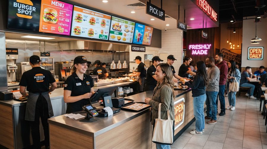 Dijital menü ekranlarının bulunduğu bir fast food tezgâhı
