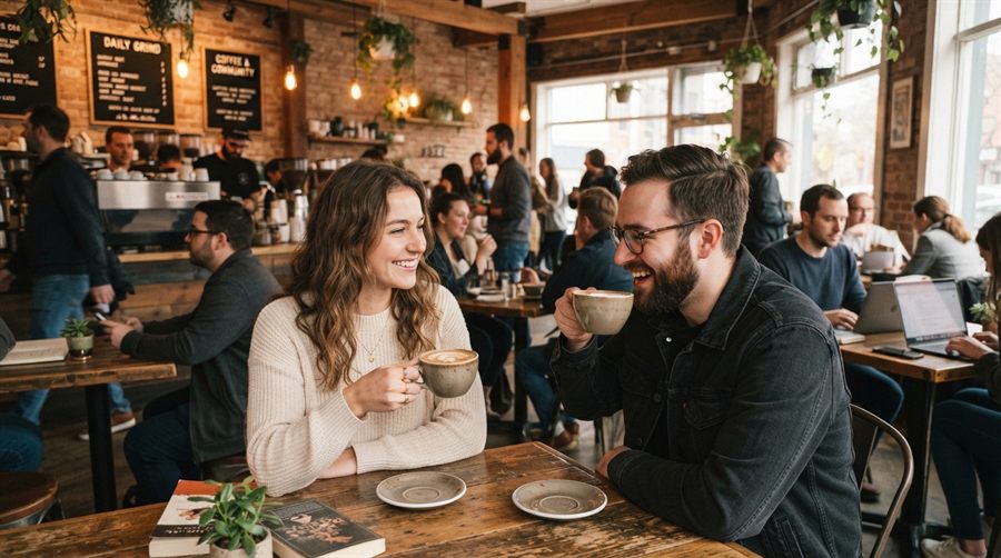 Kalabalık ve modern bir kafenin iç mekânı