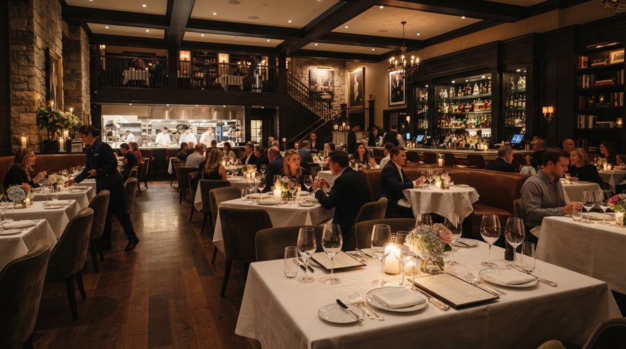 Şık bir restoranın akşam servisindeki salonu