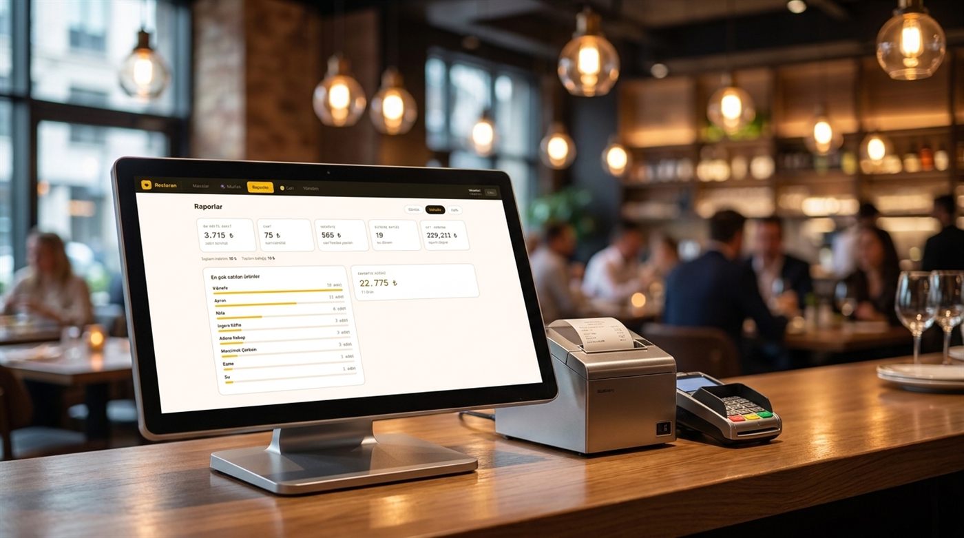 Restoran barında Respos raporlar ekranının açık olduğu POS terminali, fiş yazıcısı ve ödeme cihazı