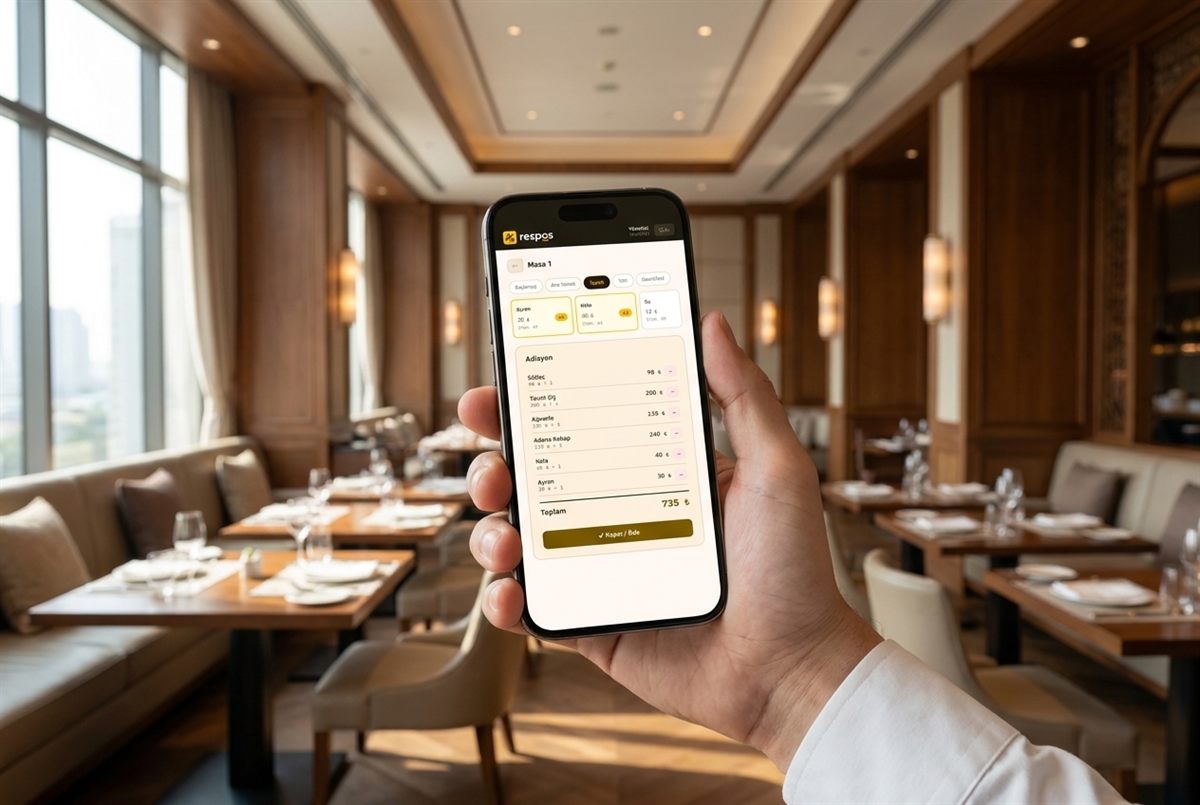 Restoran salonunda bir personelin elinde Respos adisyon ekranının açık olduğu telefon