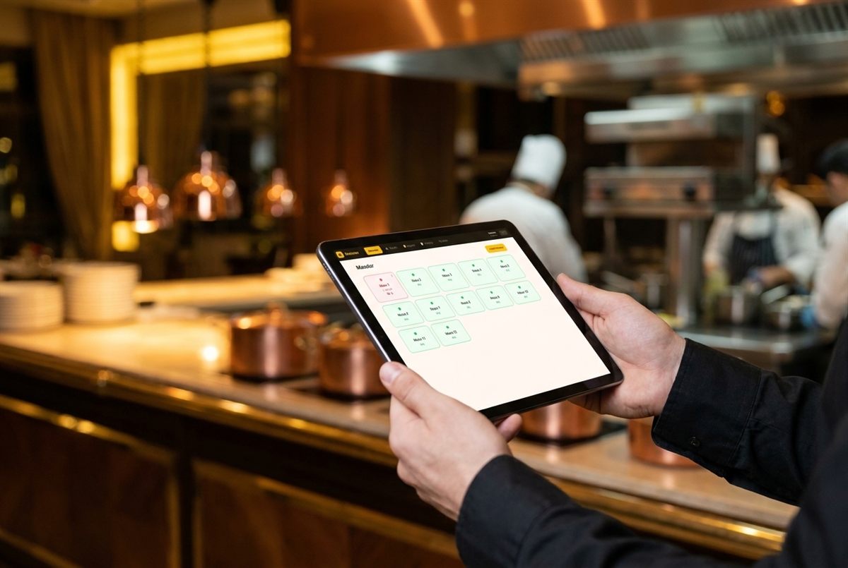 Garsonun elinde tuttuğu tablette Respos masa planı ekranı